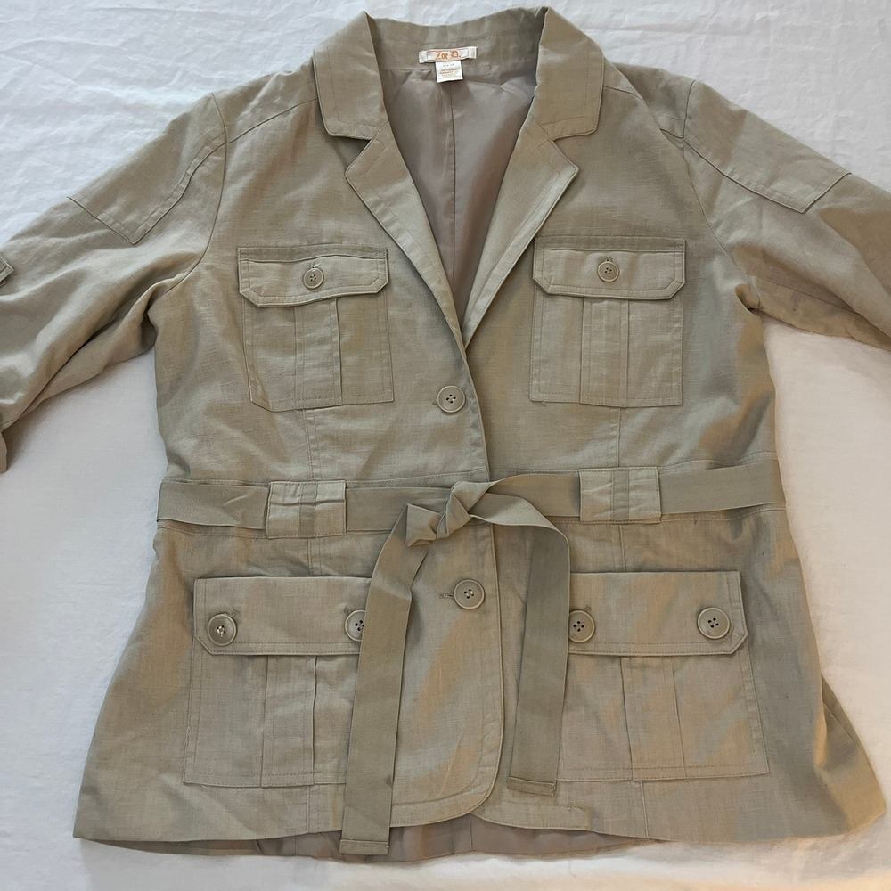Zoe D. Womens Khaki Linen Cotton Safari Utility Belted Jacket Size 12 Tan Blazer